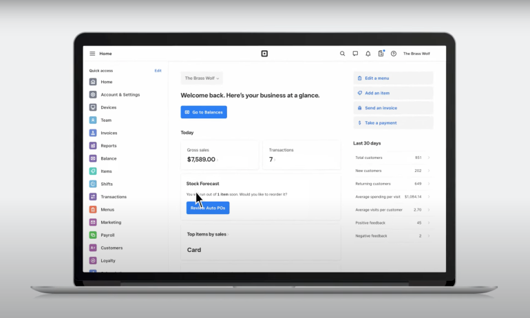 Square for Restaurants dashboard