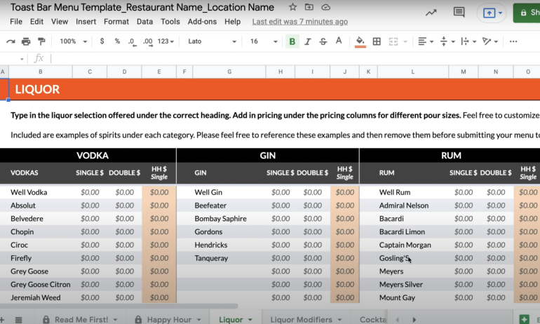 Toast’s bar menu template