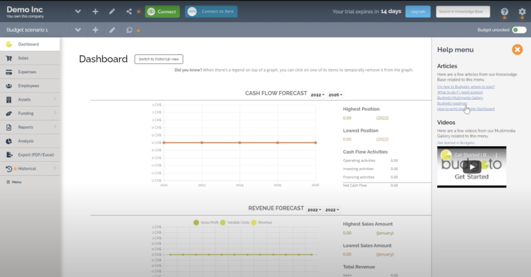 Example of the dashboard view in Budgeto's business budgeting software shows a left rail with tabs for sales, expenses, employees and more; a right rail with a help menu; and cash and revenue forecast charts in the center