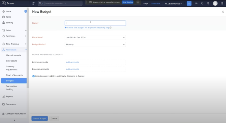 Example of creating a new budget in Zoho Books accounting software shows fields for entering budget name, fiscal year, budget period and income and expense accounts