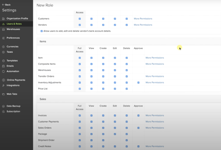 A Settings screen in Zoho Inventory that allows you to check a series of boxes to determine what level of software access (such as edit, view or full)each role on your team is allowed.