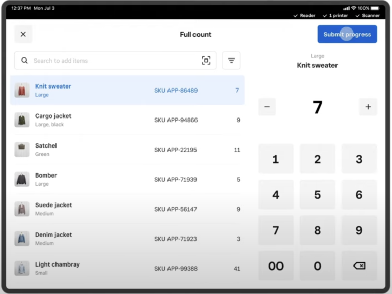 Sample stock count screen in Square Inventory shows a search bar and a list of inventory items, including a photo, SKU and current count for each. The right side of the screen shows a count display resembling a calculator, to key in stock counts.