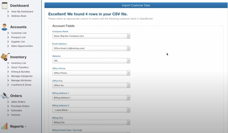 The Import Customer Data screen in SalesBinder shows 8 dropdown fields to match the software's data fields with those in your spreadsheet, for example, company name, email address and office phone.