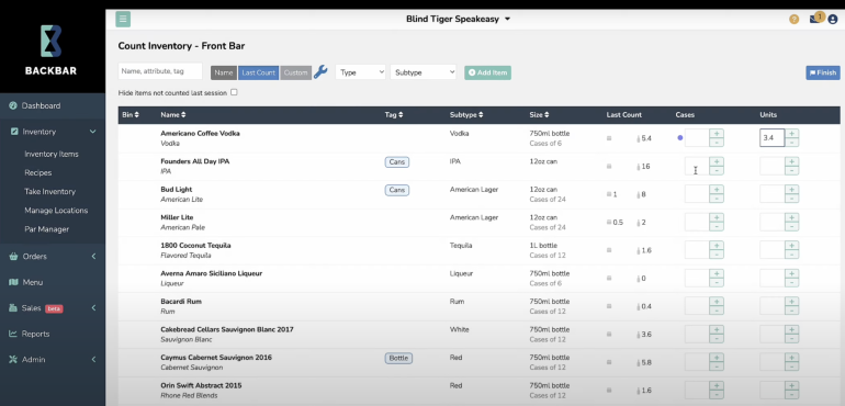 The inventory count screen in Backbar shows an inventory list for a sample bar. Information displayed in the list include item name, tag, subtype (for example, which type of liquor), size, last count, number of cases and number of units. Plus and minus buttons let you adjust the number of cases and units as you count your inventory.