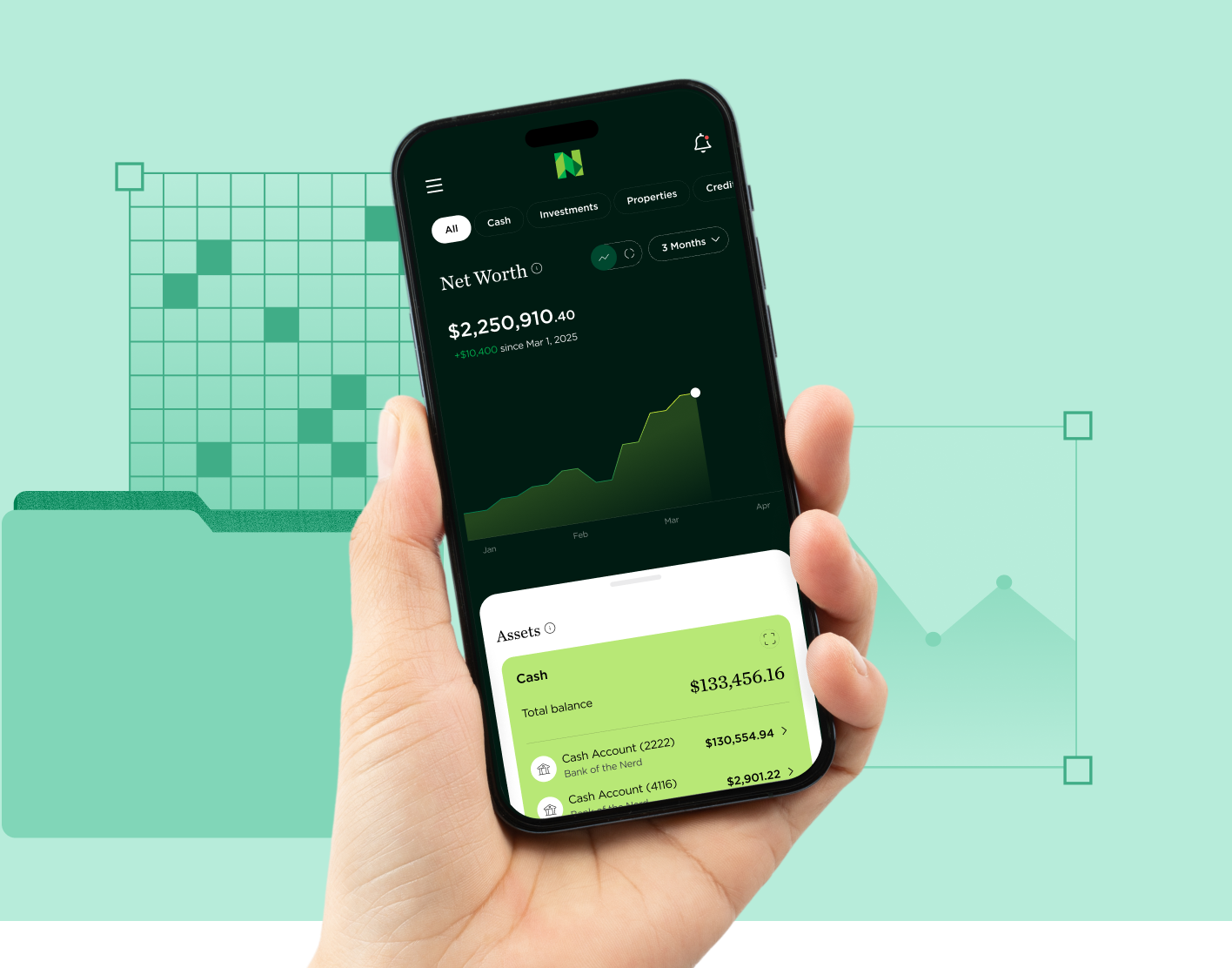 Hand holding a mobile phone with the NerdWallet app