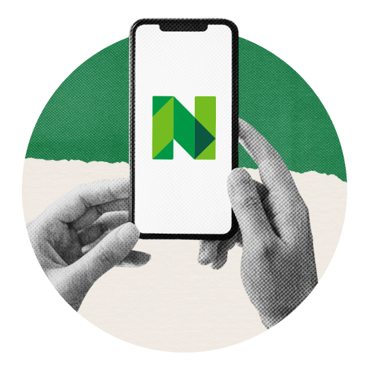 Hands holding a phone running the NerdWallet mobile app