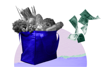 Groceries bag and dollars