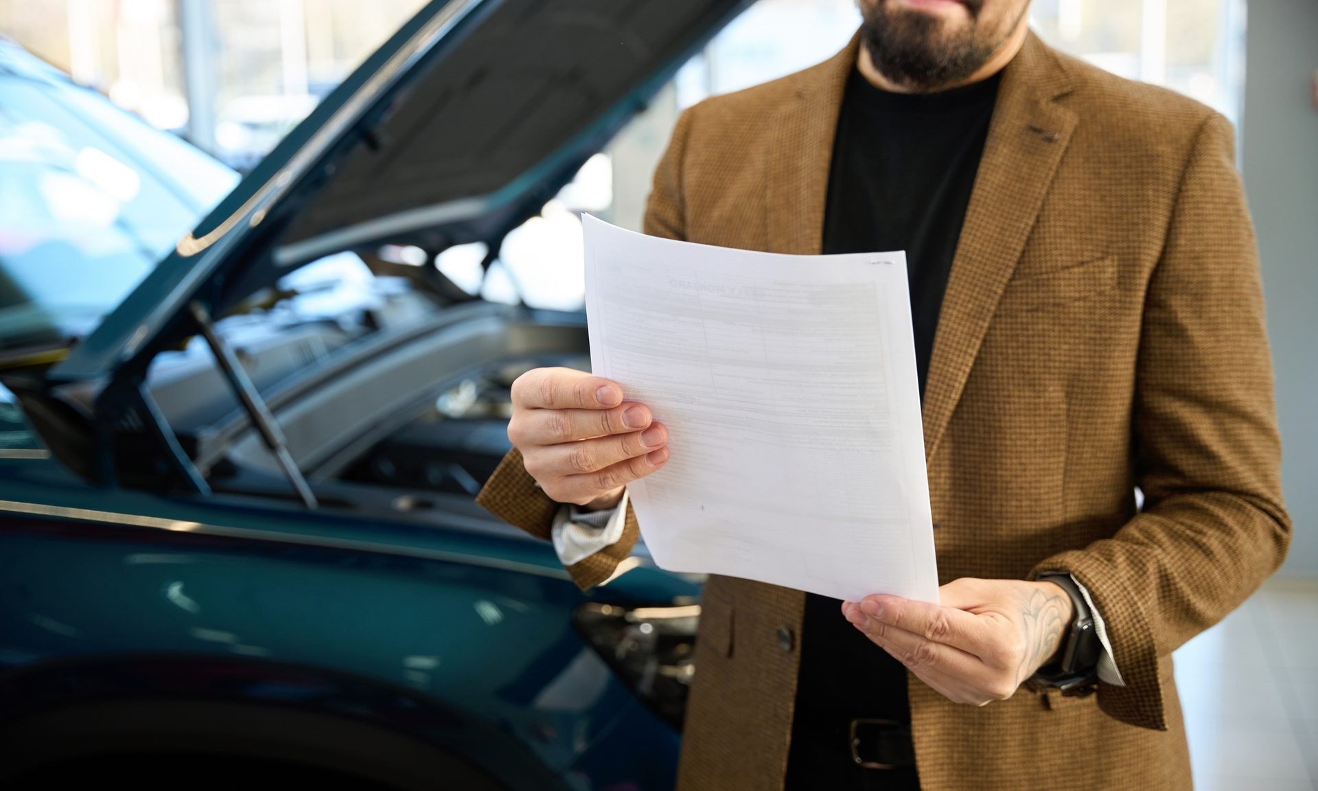 Person holding printed car history report