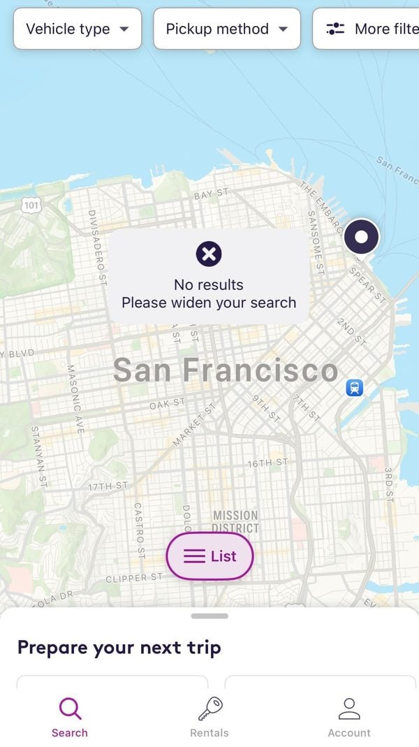 A screenshot of the Getaround app from Wednesday, Feb. 12, 2025, after news that serves was ending in the U.S.