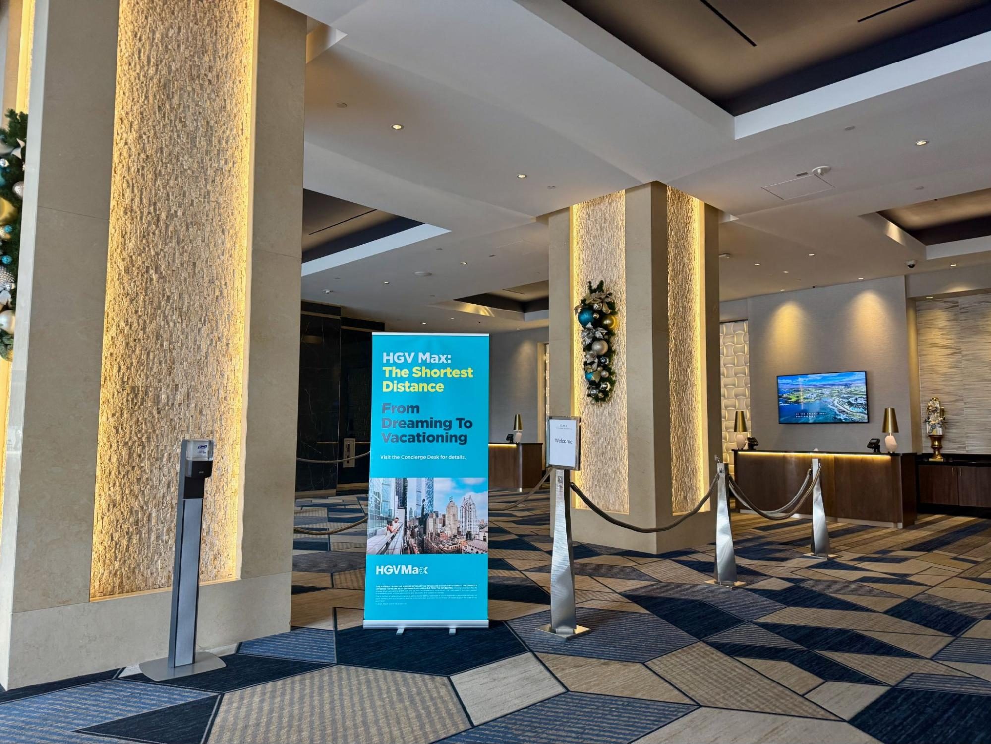 The lobby and main check-in area for the Hilton Grand Vacations Club Elara Center Strip Las Vegas.