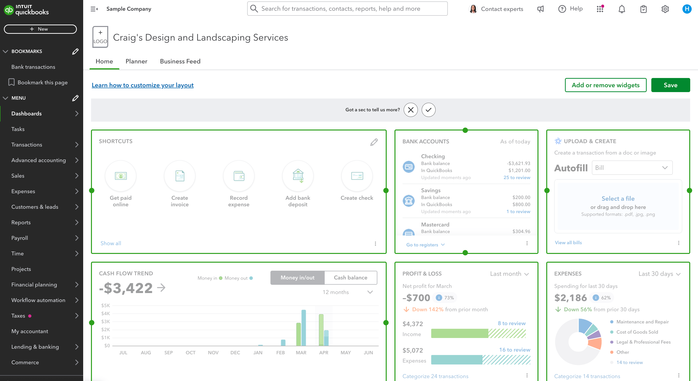 Dashboard customization screen