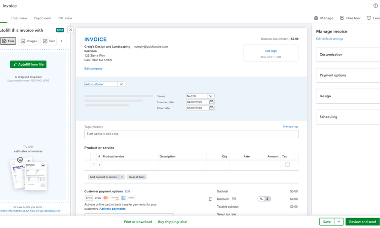 Creating an invoice in QuickBooks Online. 