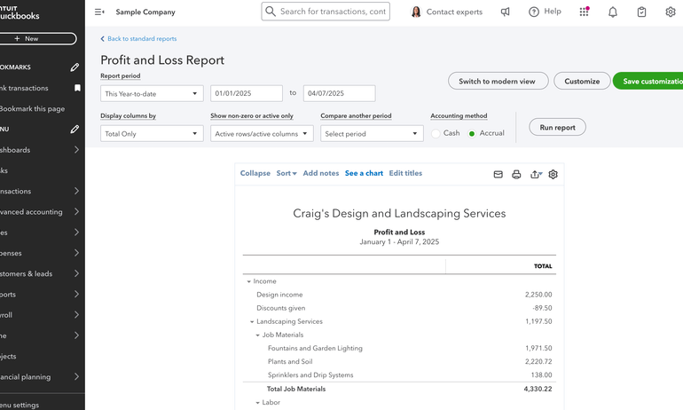 QuickBooks Online profit and loss report