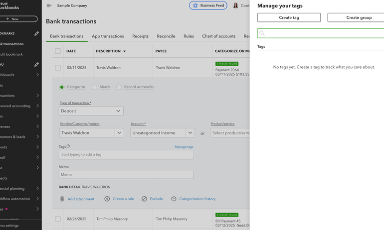 Transaction tracking tags in QuickBooks Online.