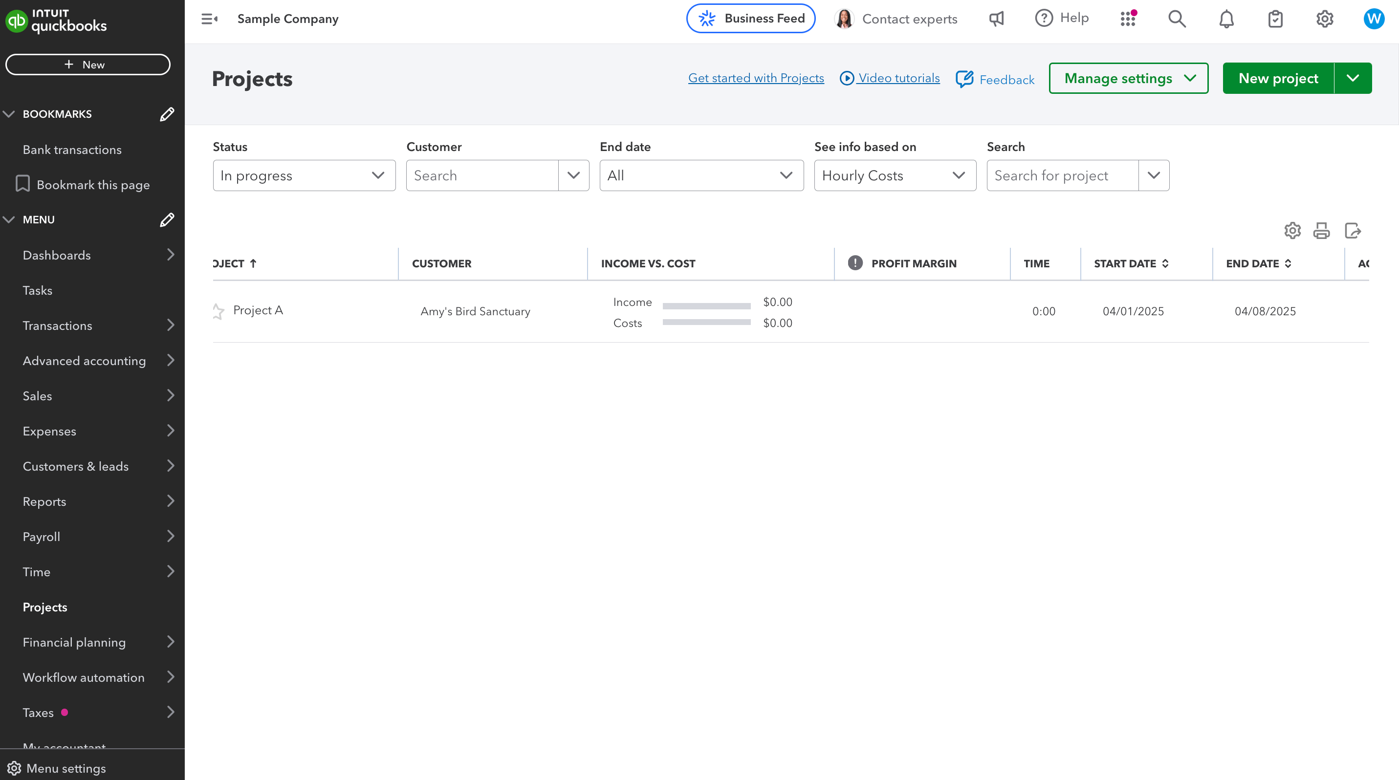 QuickBooks Online projects dashboard