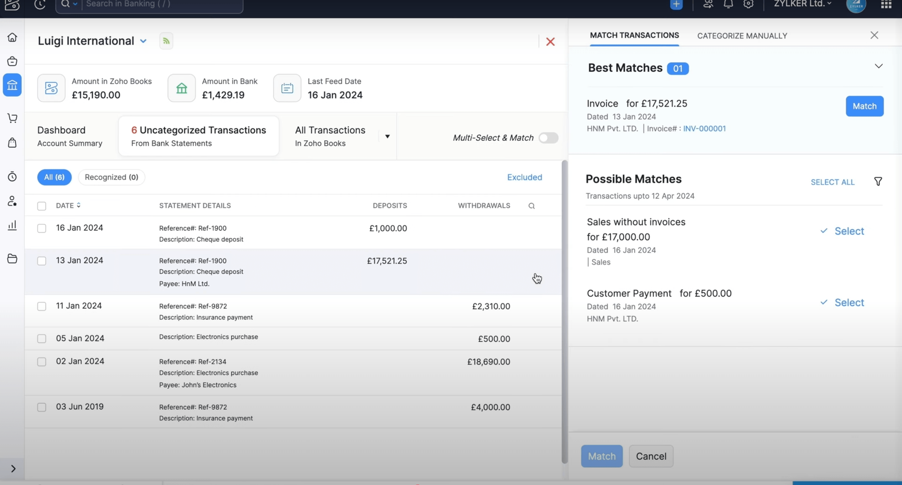 Categorizing and matching transactions