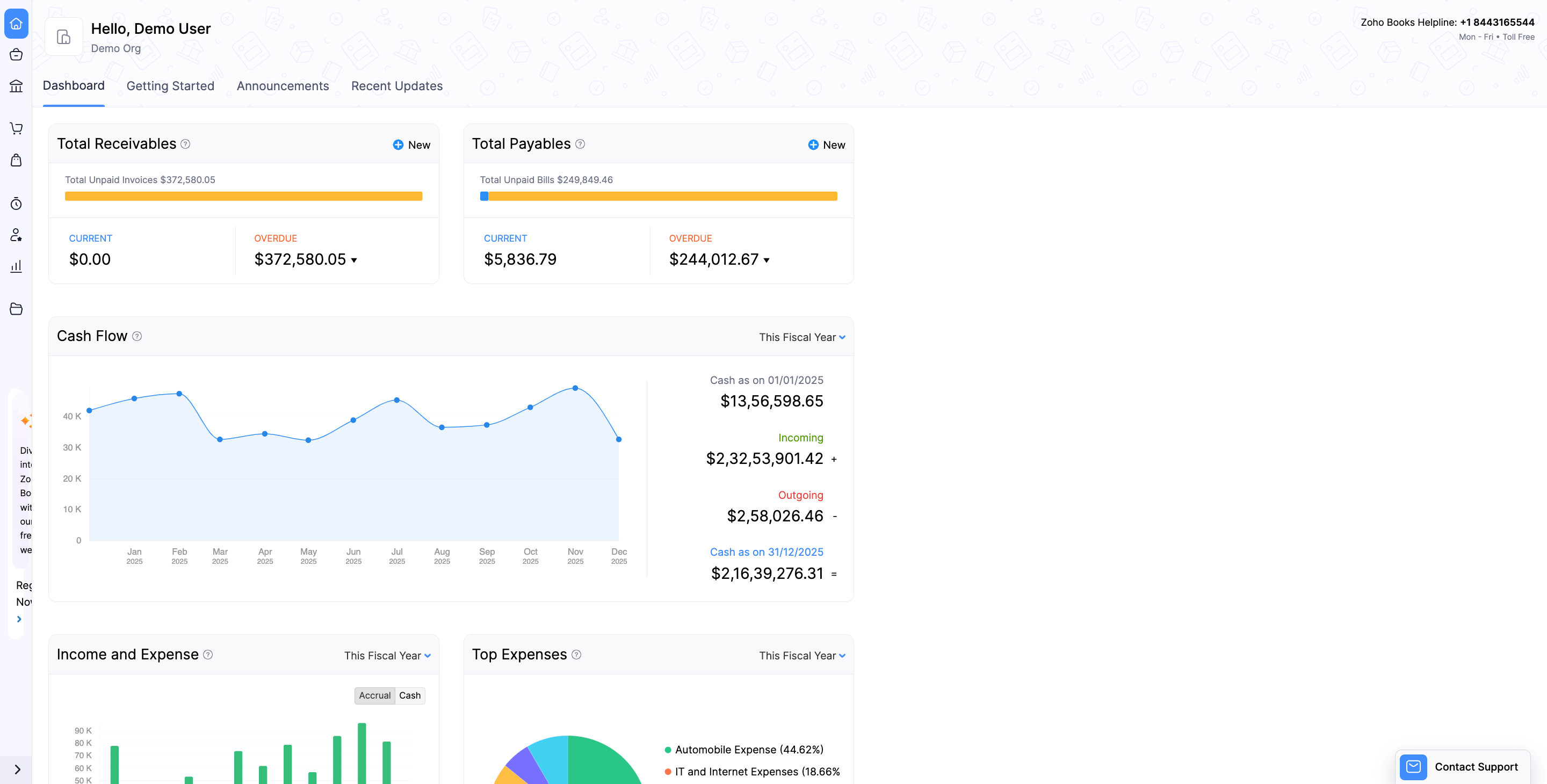 Zoho Books' main dashboard