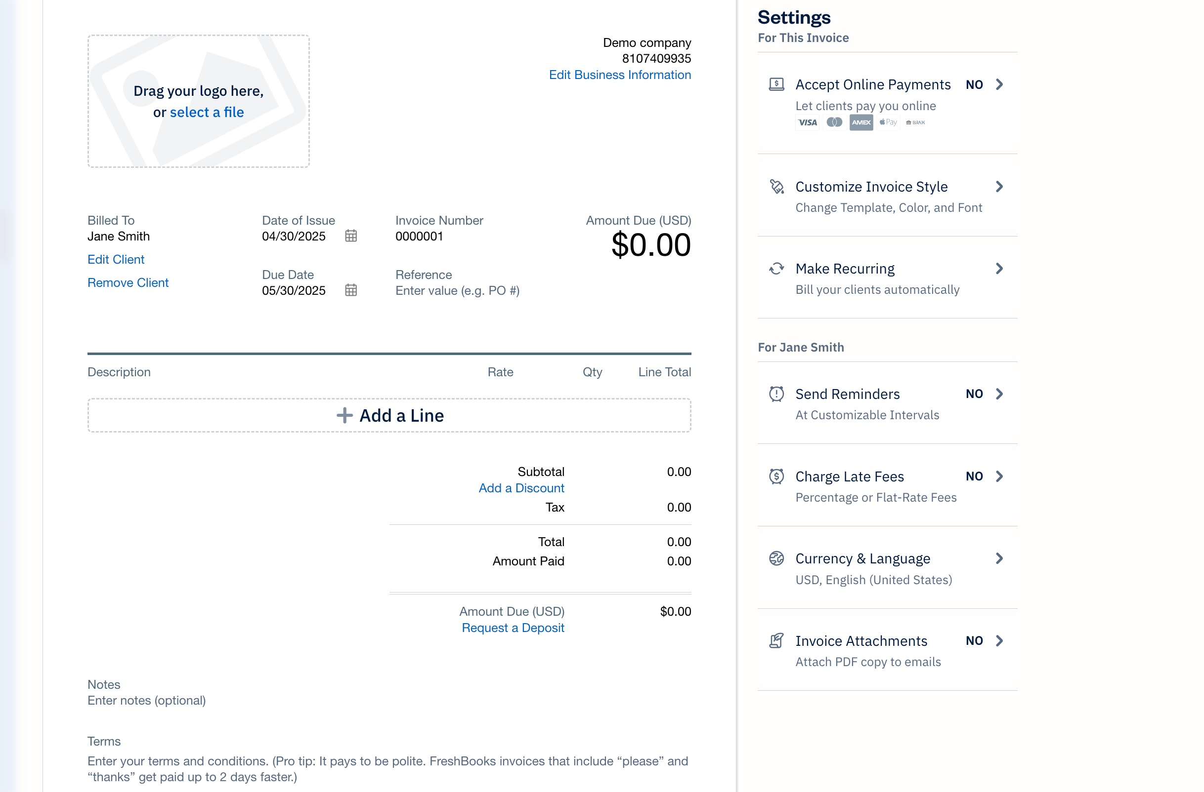 Creating an invoice in FreshBooks