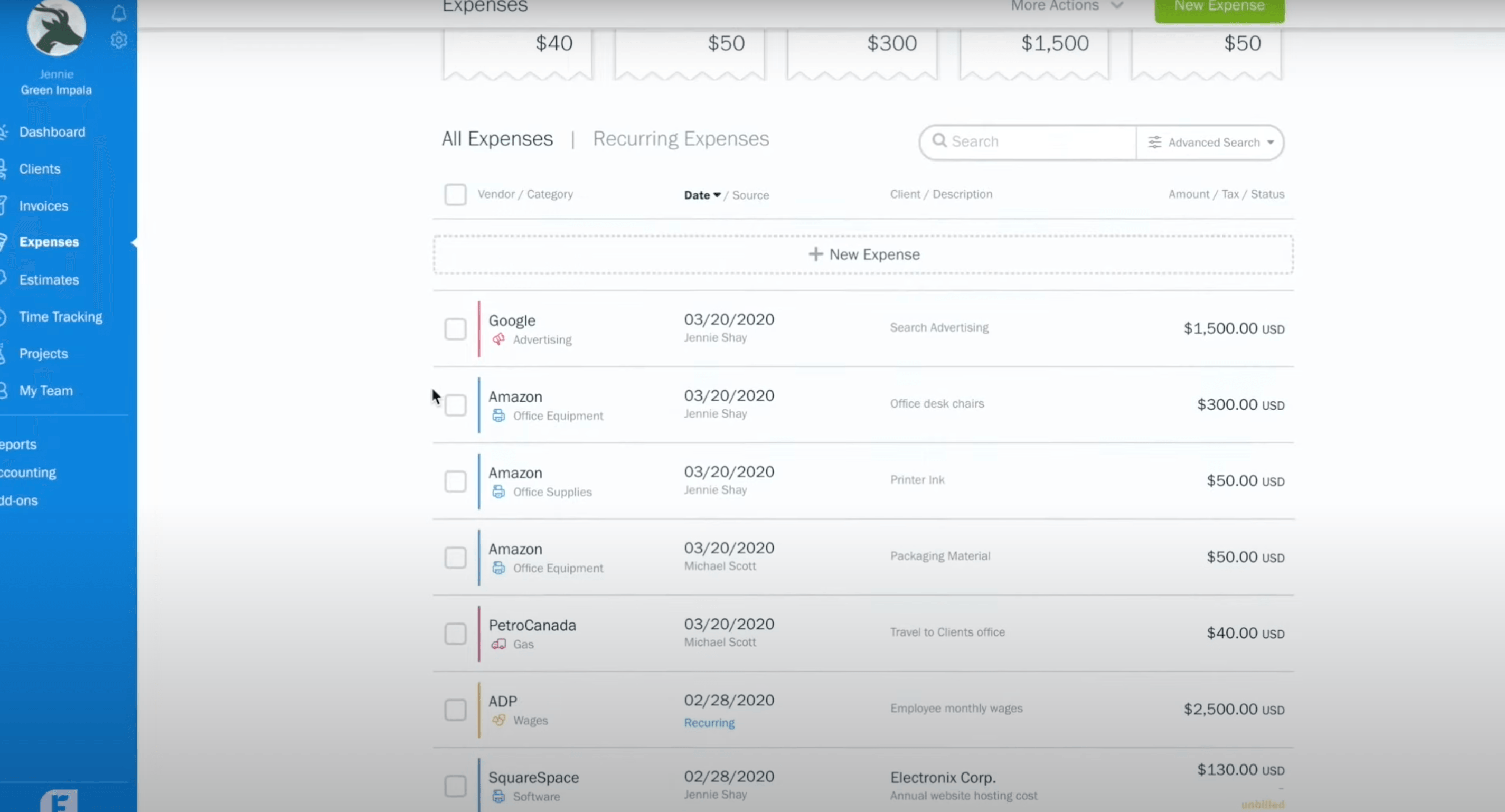 Categorizing expenses in FreshBooks