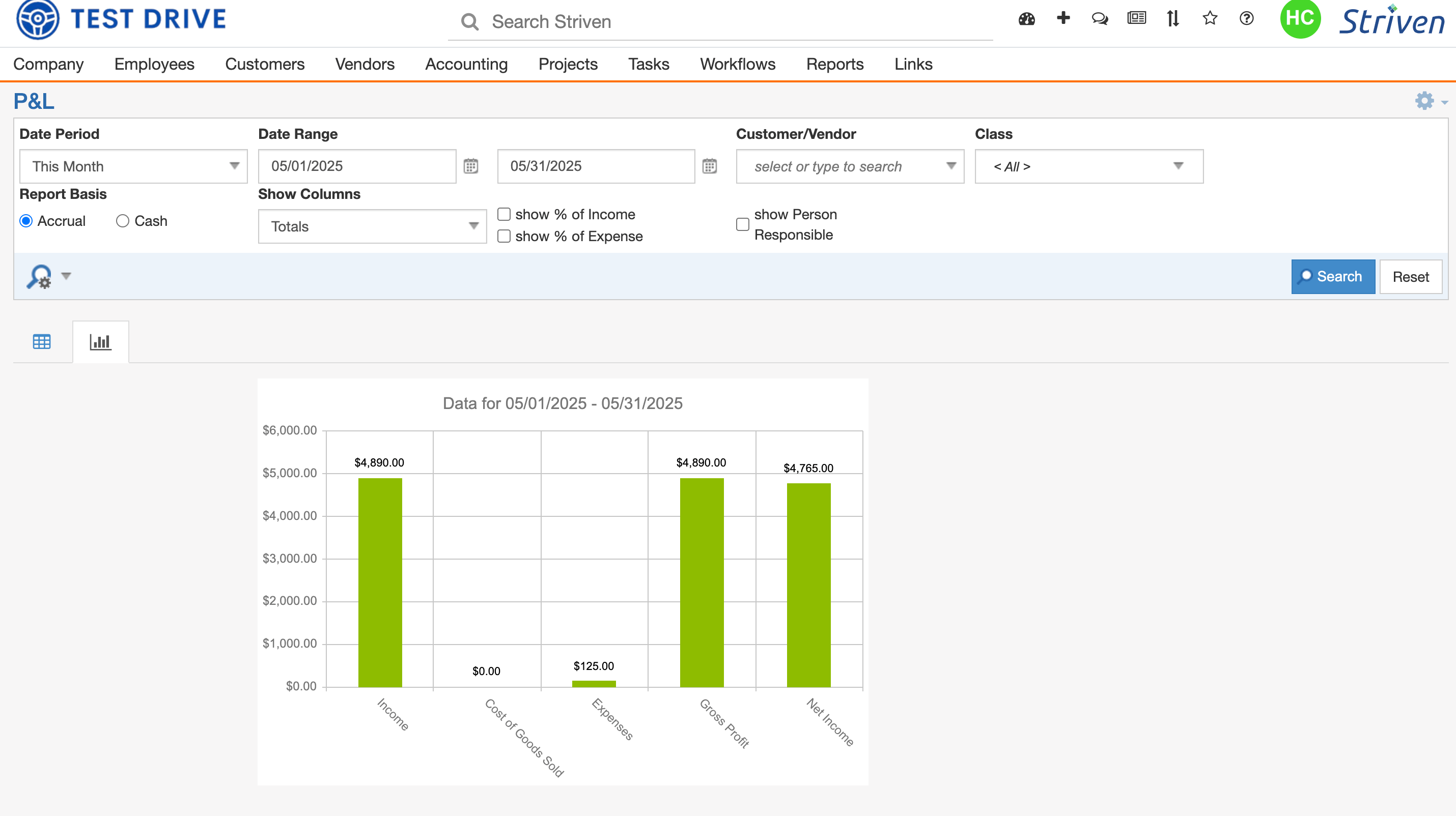 Striven's profit and loss statement.