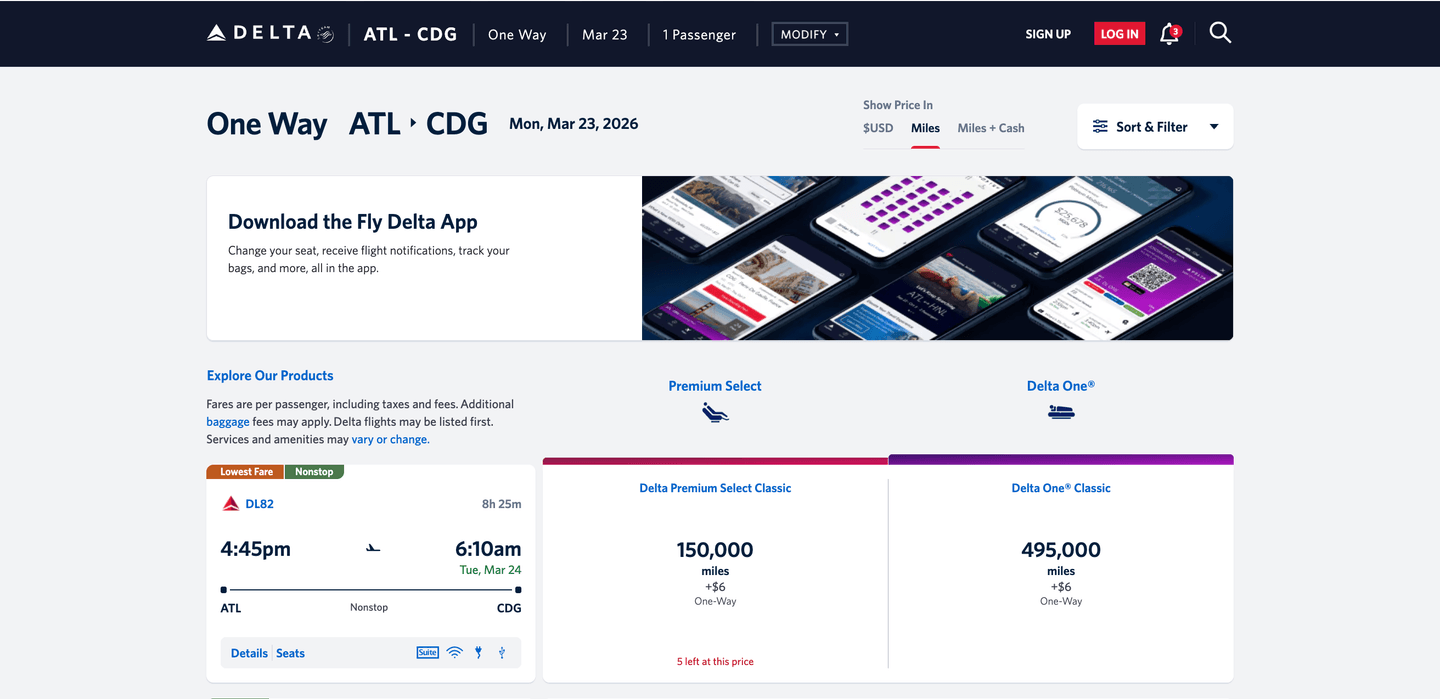 Delta Premium Select flight price in Miles