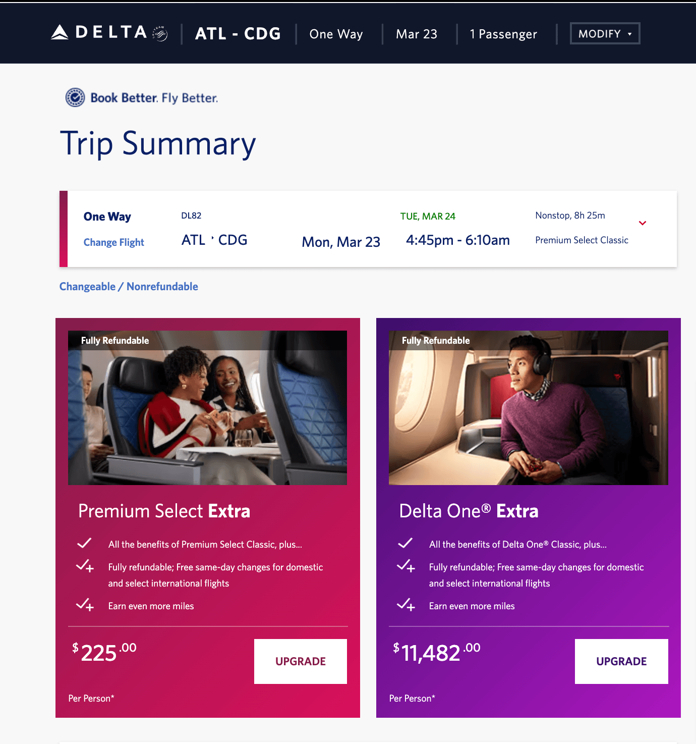 Delta Premium Select flight summary and upgrade offers
