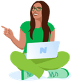 An illustration of a woman in green clothes smiles and points toward the text. A laptop is in her lap.
